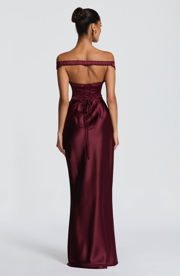 Fitted satin maxi dress with pleated bardot neckline and lace-up corset back - view 15