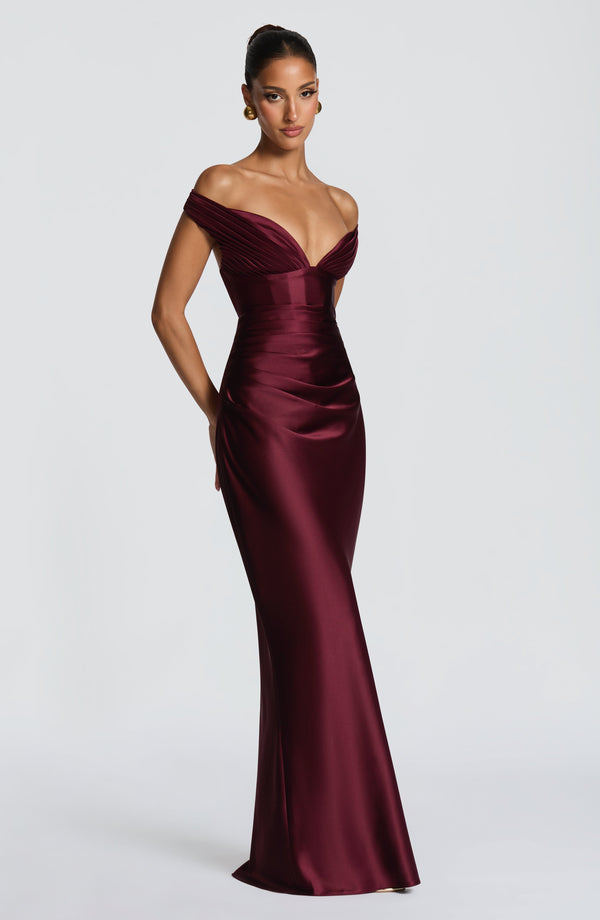 Fitted satin maxi dress with pleated bardot neckline and lace-up corset back - view 16