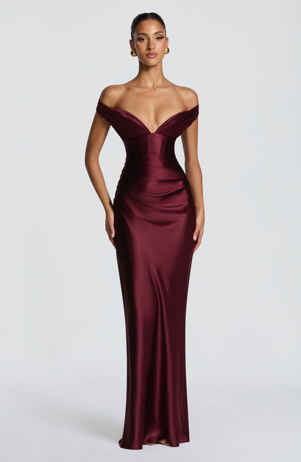 Fitted satin maxi dress with pleated bardot neckline and lace-up corset back - view 17