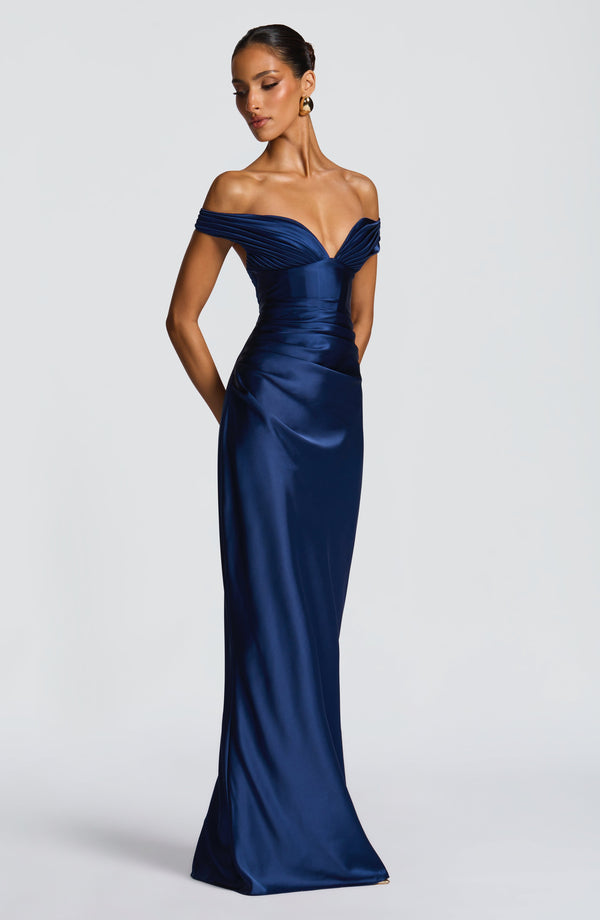 Fitted satin maxi dress with pleated bardot neckline and lace-up corset back - view 19
