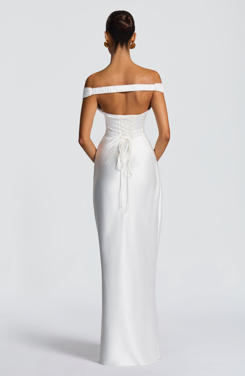 Fitted satin maxi dress with pleated bardot neckline and lace-up corset back - view 2