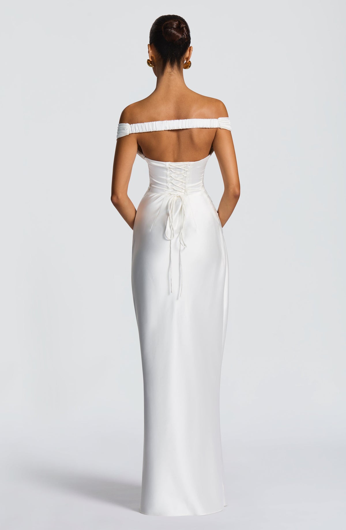 Fitted satin maxi dress with pleated bardot neckline and lace-up corset back - view 2