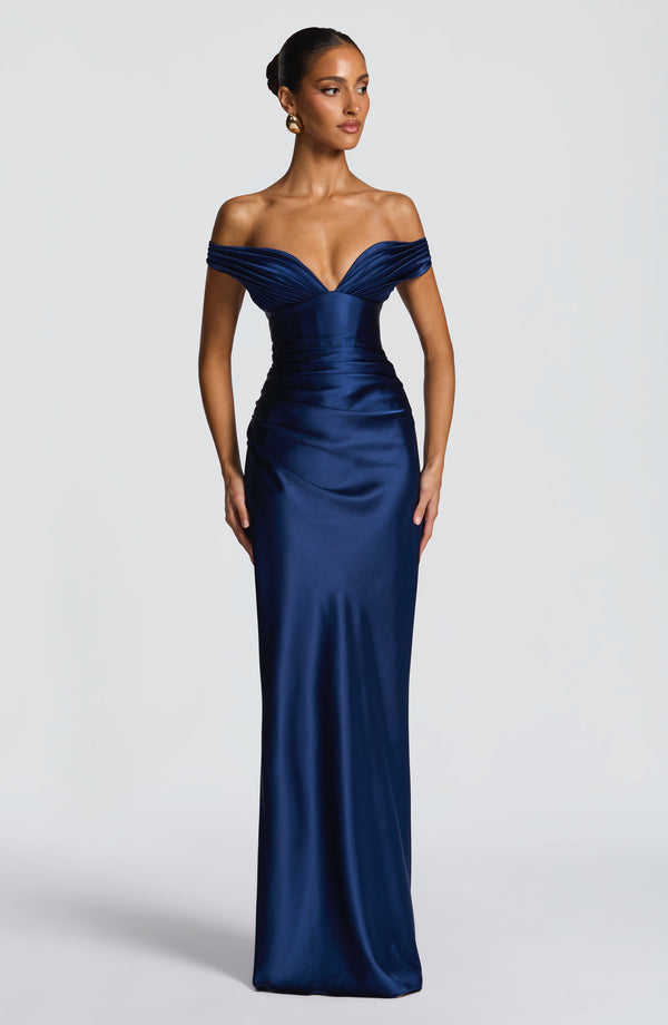 Fitted satin maxi dress with pleated bardot neckline and lace-up corset back - view 20