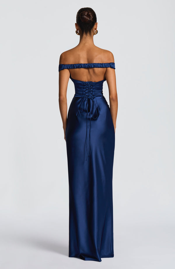 Fitted satin maxi dress with pleated bardot neckline and lace-up corset back - view 21