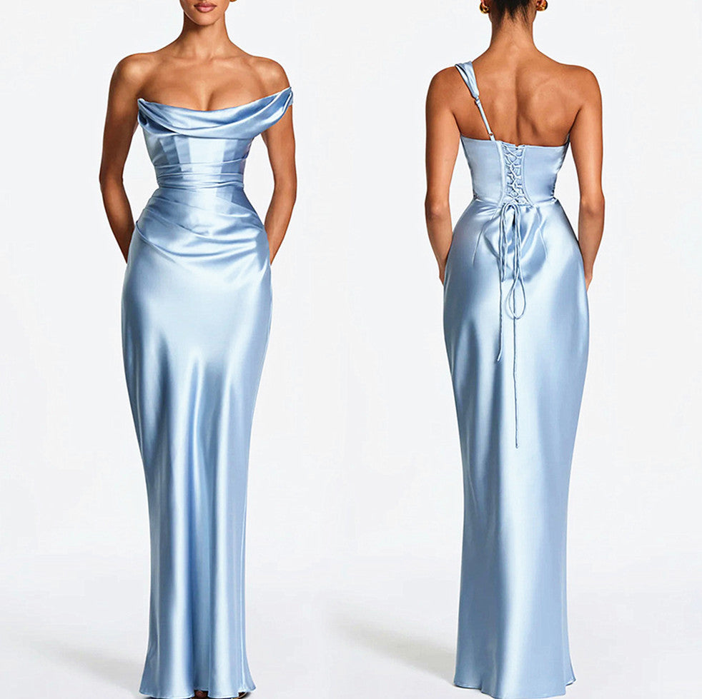 Fitted satin maxi dress with pleated bardot neckline and lace-up corset back - view 22
