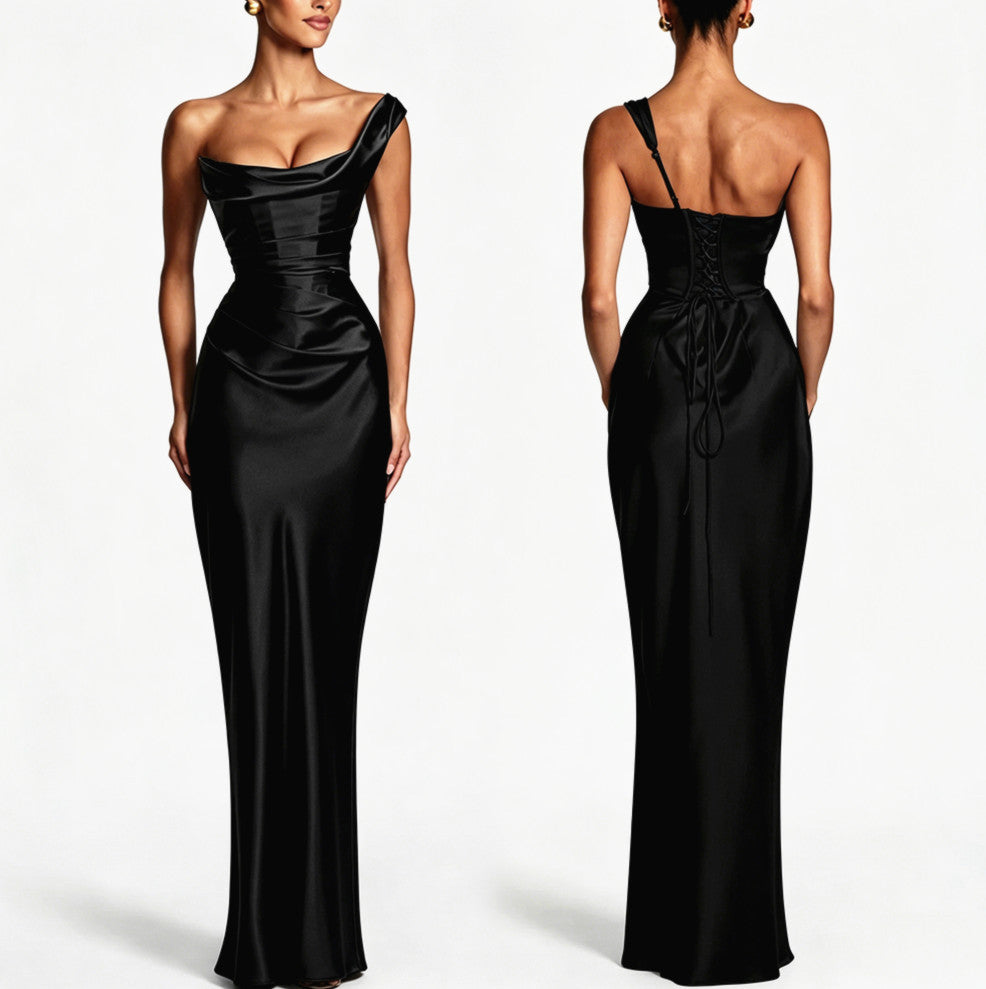 Fitted satin maxi dress with pleated bardot neckline and lace-up corset back - view 23