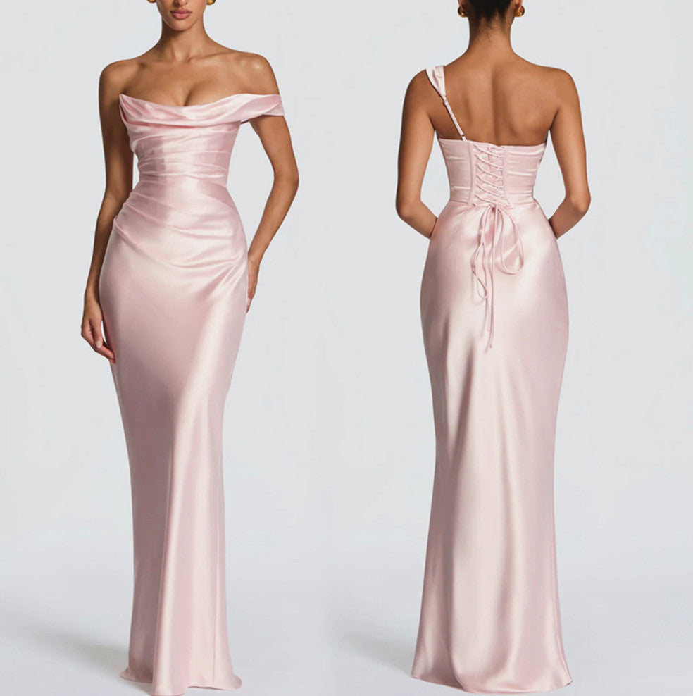 Fitted satin maxi dress with pleated bardot neckline and lace-up corset back - view 24