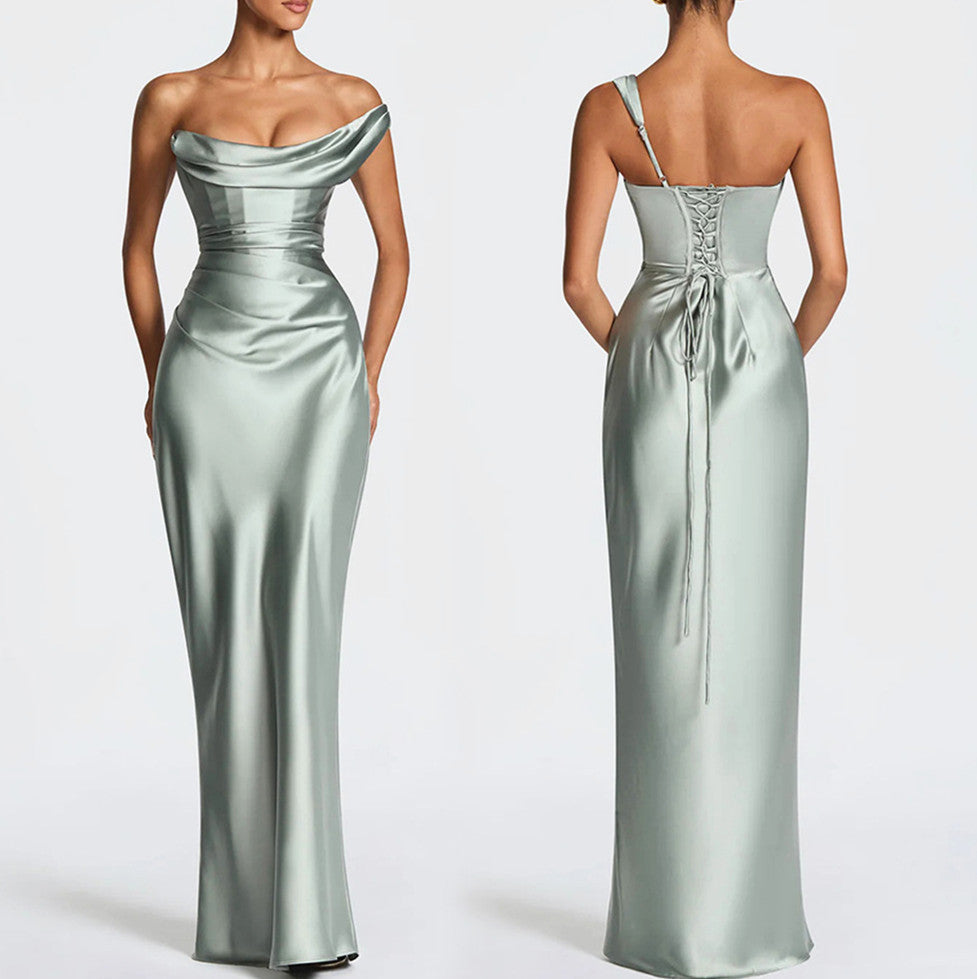 Fitted satin maxi dress with pleated bardot neckline and lace-up corset back - view 25