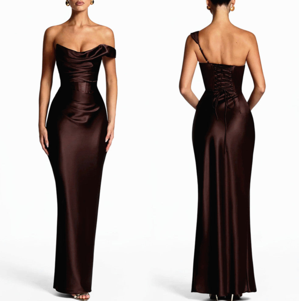 Fitted satin maxi dress with pleated bardot neckline and lace-up corset back - view 26
