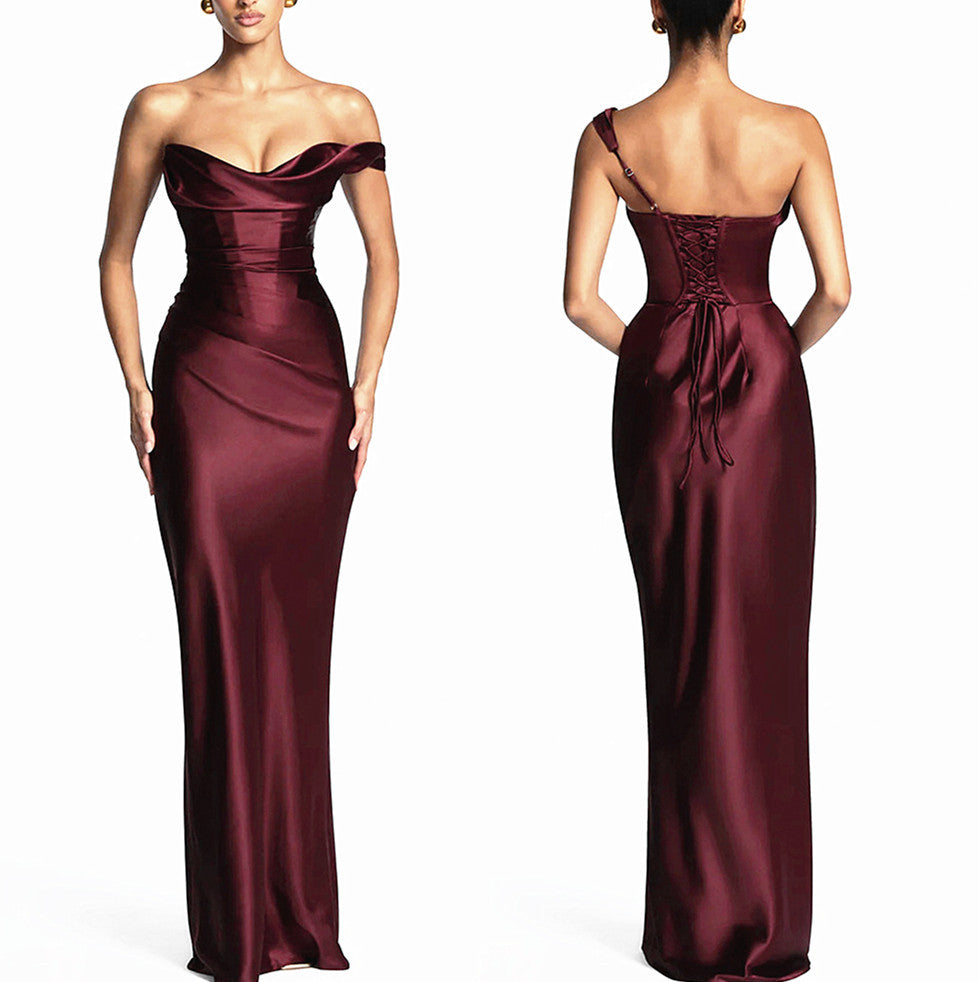 Fitted satin maxi dress with pleated bardot neckline and lace-up corset back - view 27