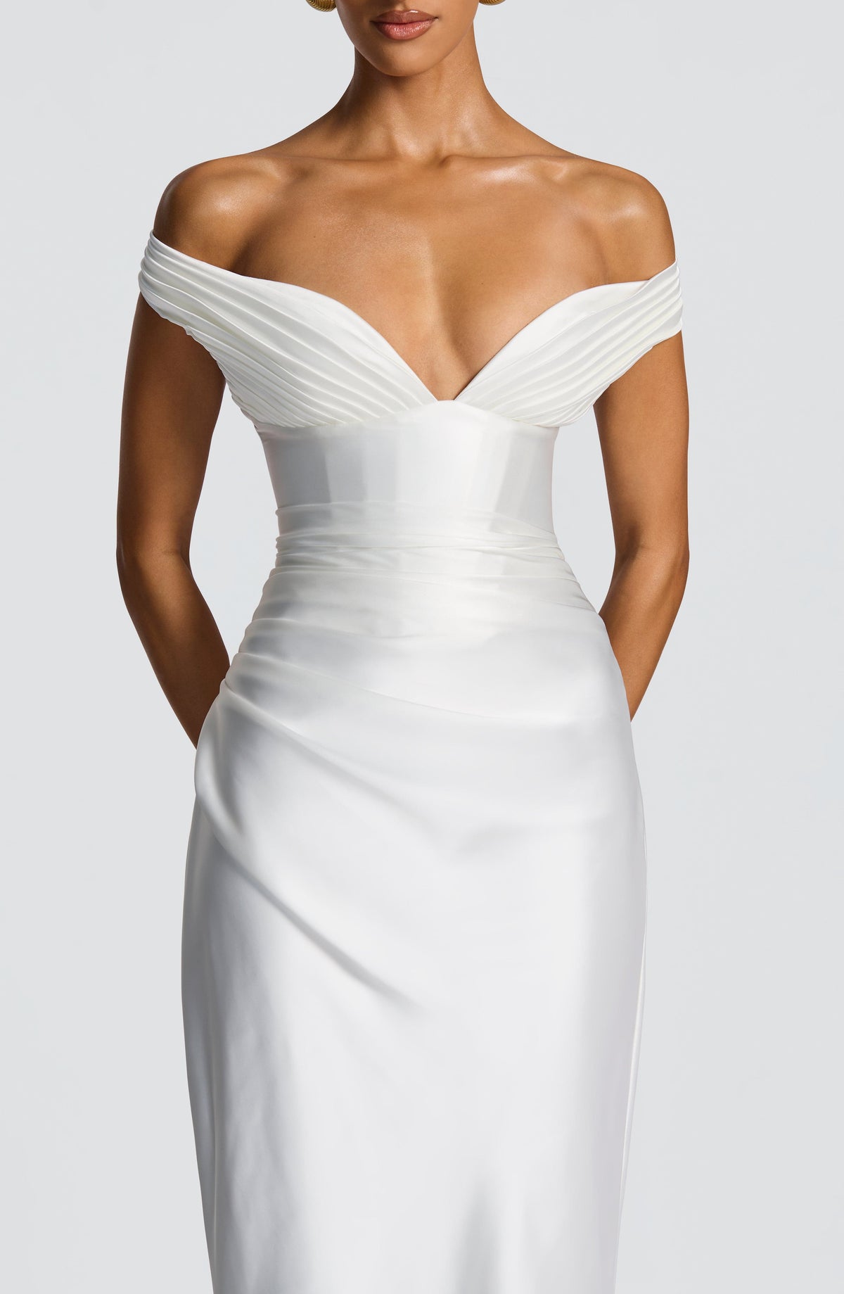 Fitted satin maxi dress with pleated bardot neckline and lace-up corset back - view 3