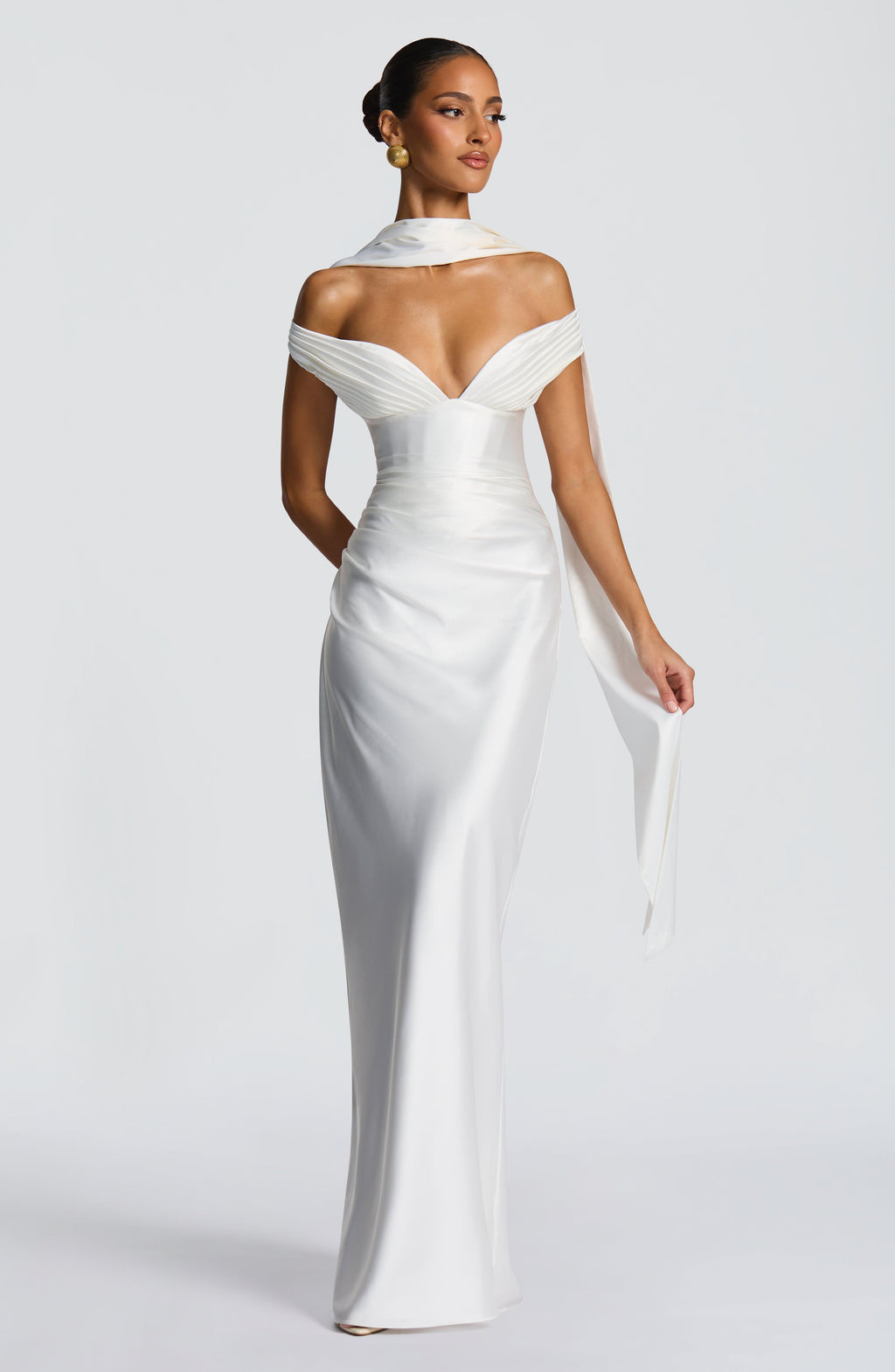 Fitted satin maxi dress with pleated bardot neckline and lace-up corset back - view 4
