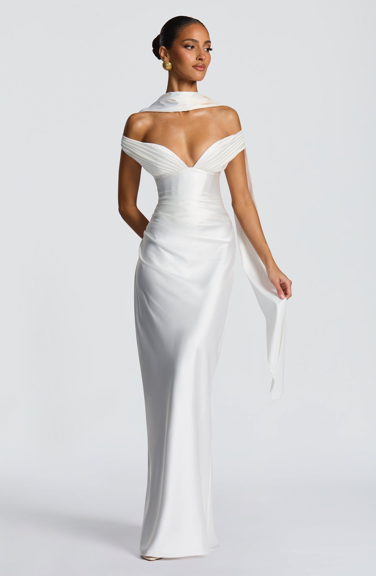 Fitted satin maxi dress with pleated bardot neckline and lace-up corset back - view 4