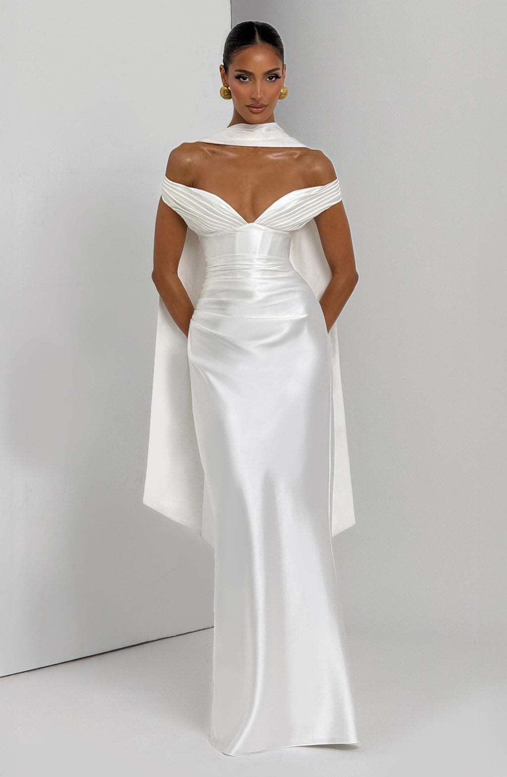 Fitted satin maxi dress with pleated bardot neckline and lace-up corset back - view 5
