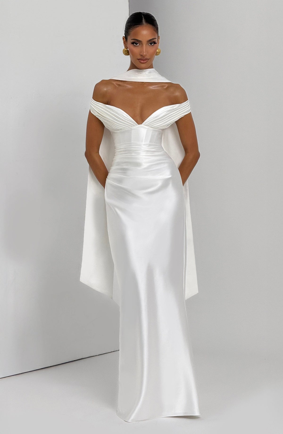 Fitted satin maxi dress with pleated bardot neckline and lace-up corset back - view 5