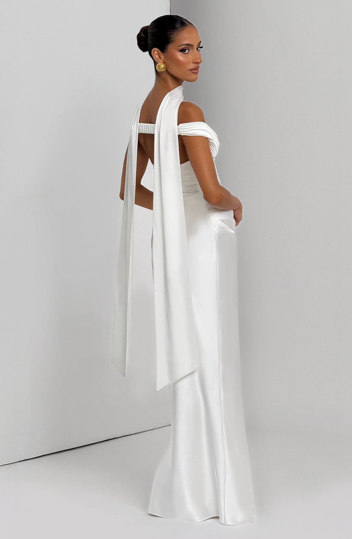 Fitted satin maxi dress with pleated bardot neckline and lace-up corset back - view 6