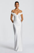Fitted satin maxi dress with pleated bardot neckline and lace-up corset back - view 7