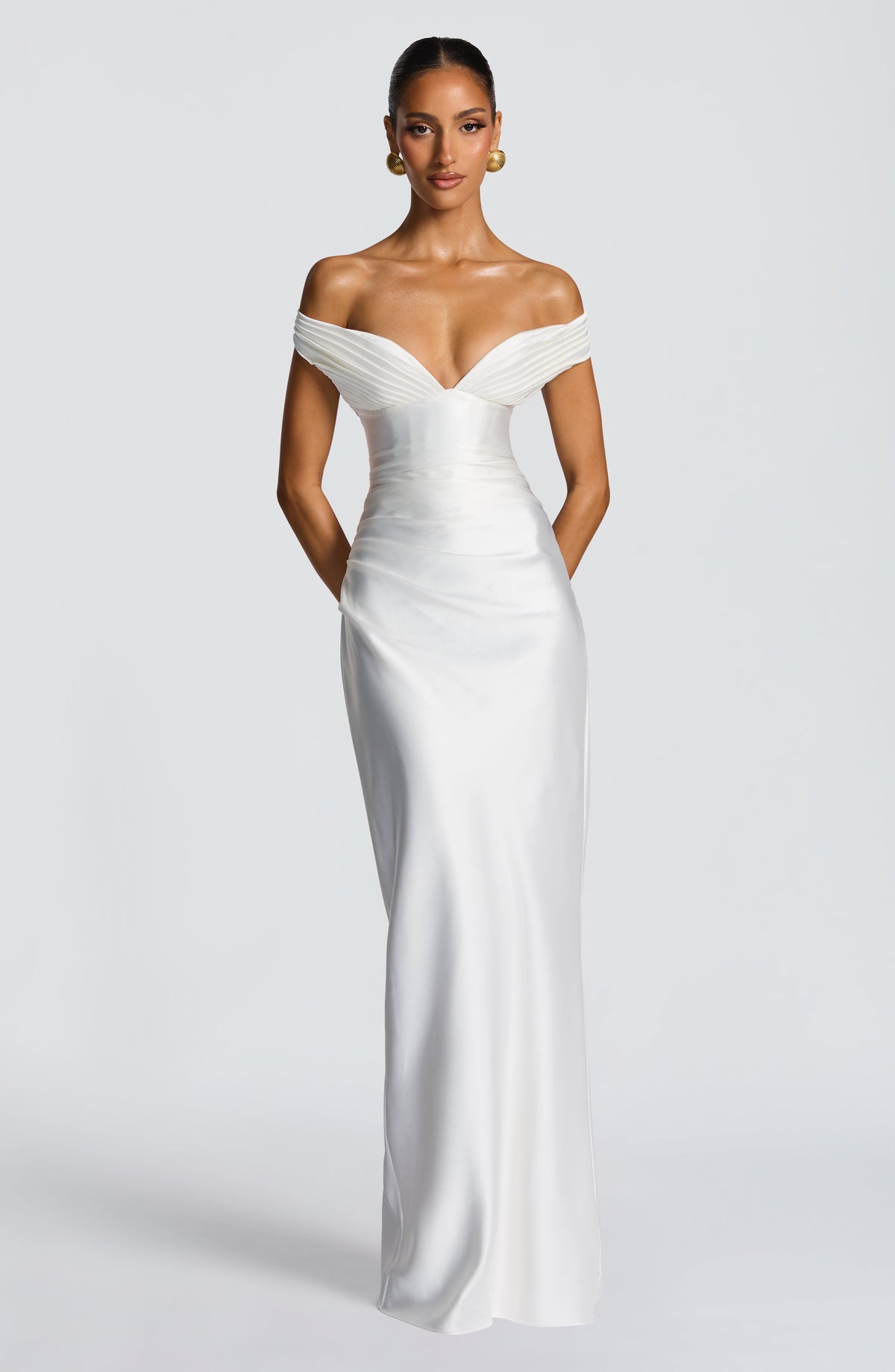 Fitted satin maxi dress with pleated bardot neckline and lace-up corset back - view 7