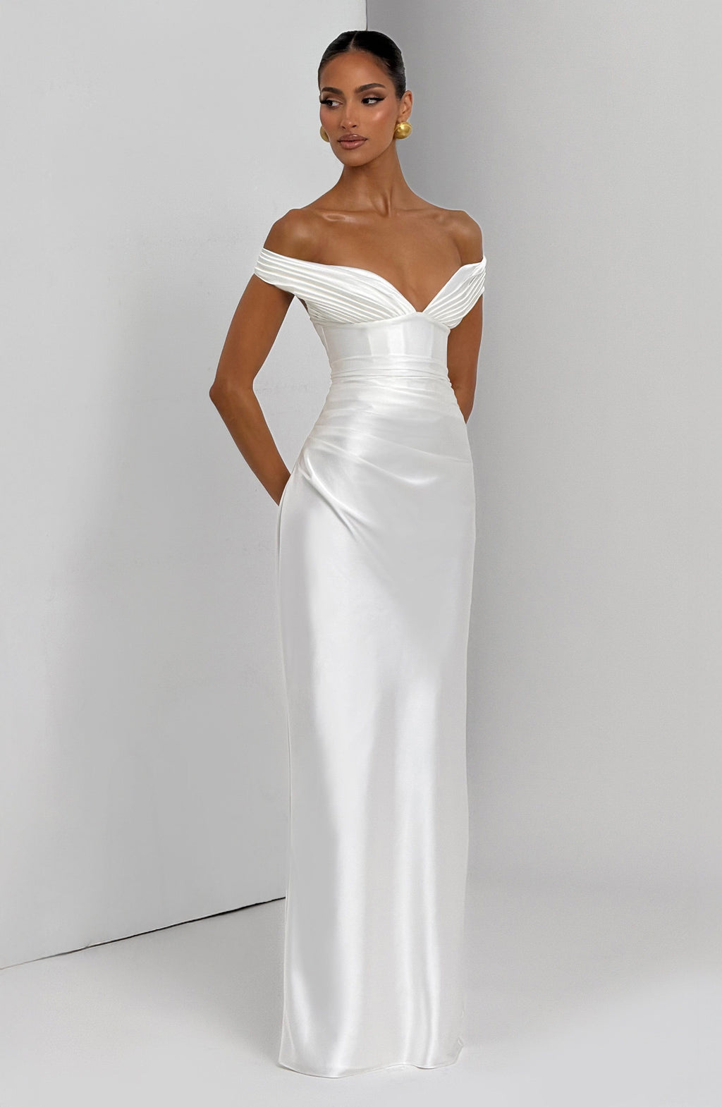 Fitted satin maxi dress with pleated bardot neckline and lace-up corset back - view 8