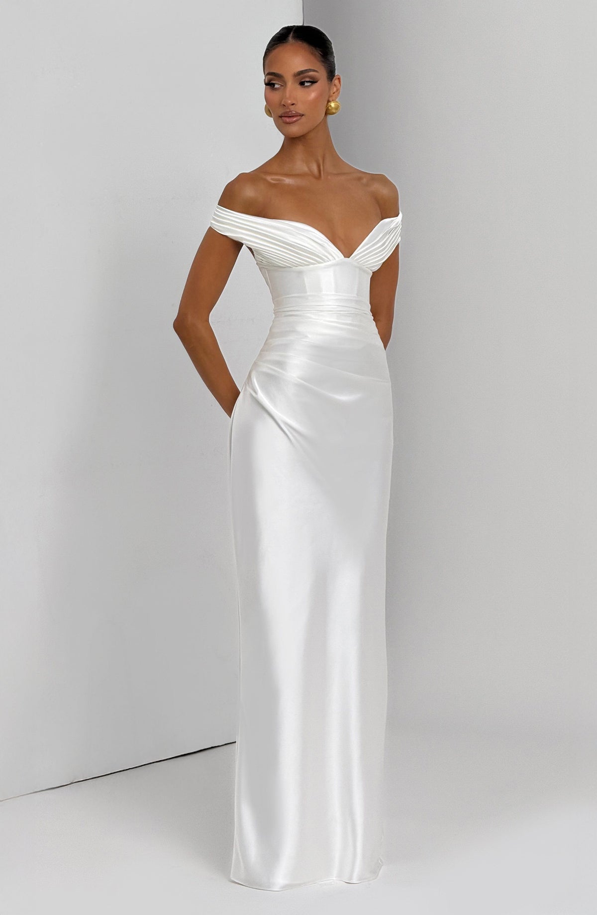 Fitted satin maxi dress with pleated bardot neckline and lace-up corset back - view 8