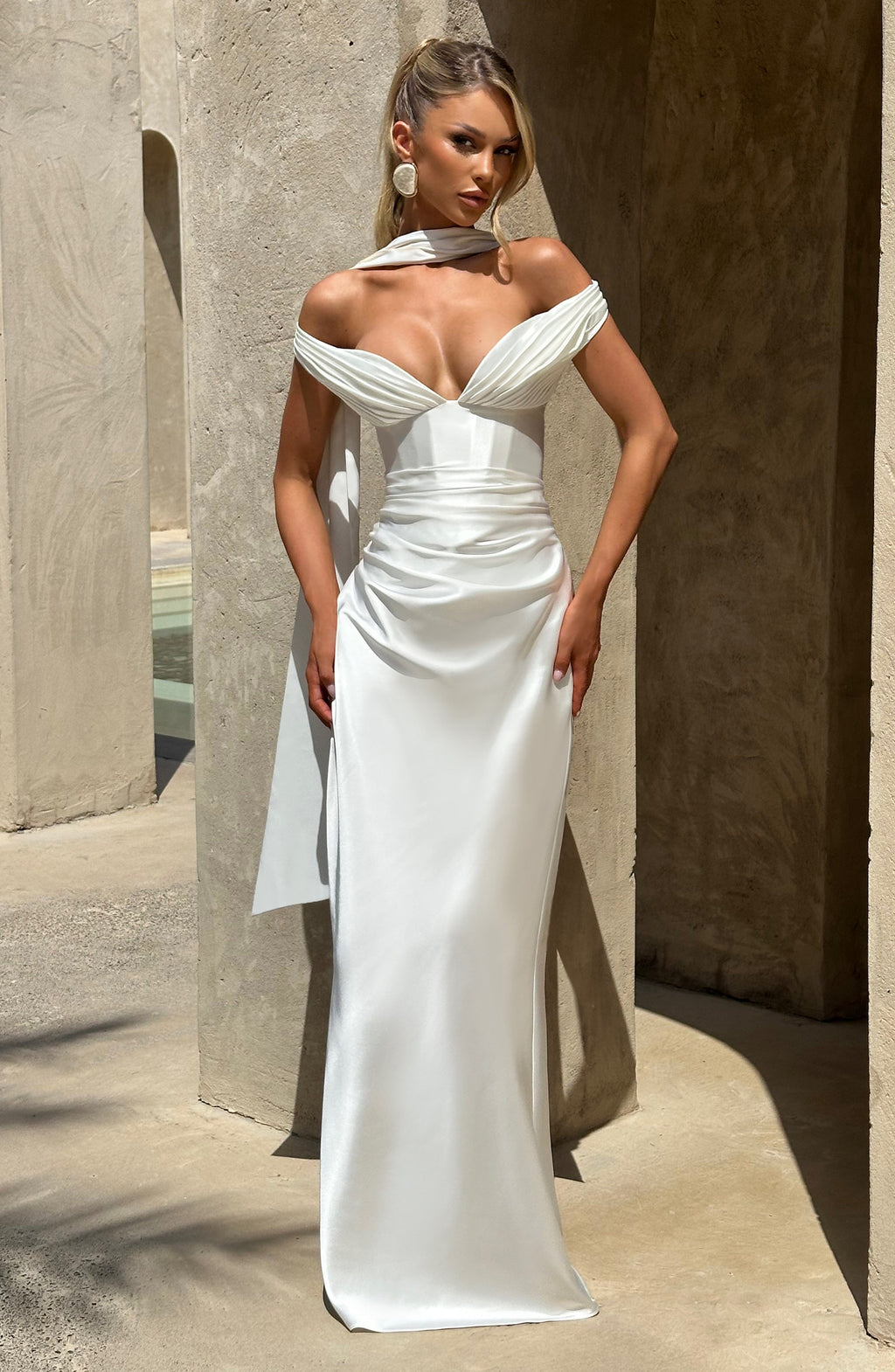 Fitted satin maxi dress with pleated bardot neckline and lace-up corset back - view 9