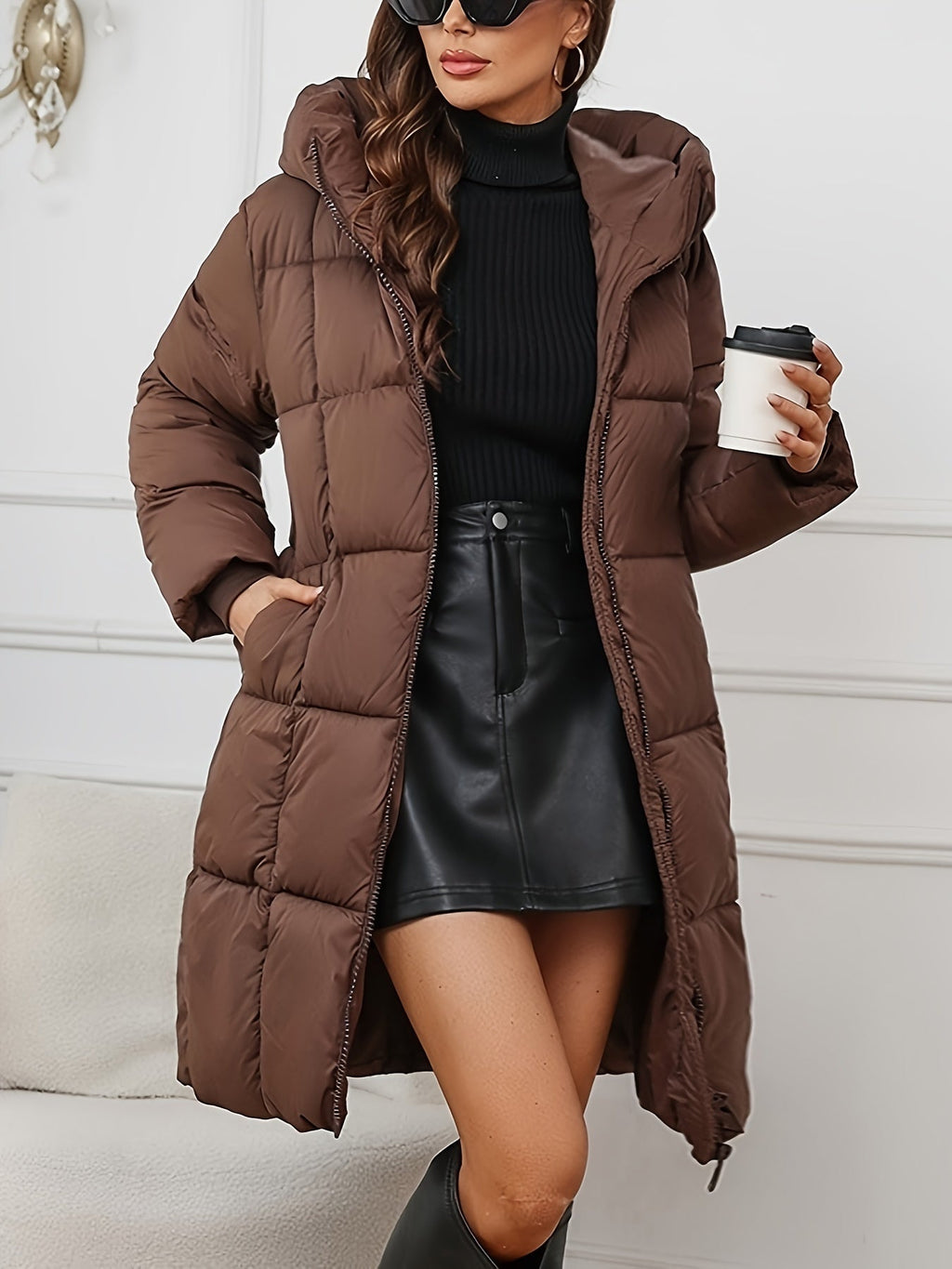 Linnea | Mid Length Hooded Puffer Jacket - front view