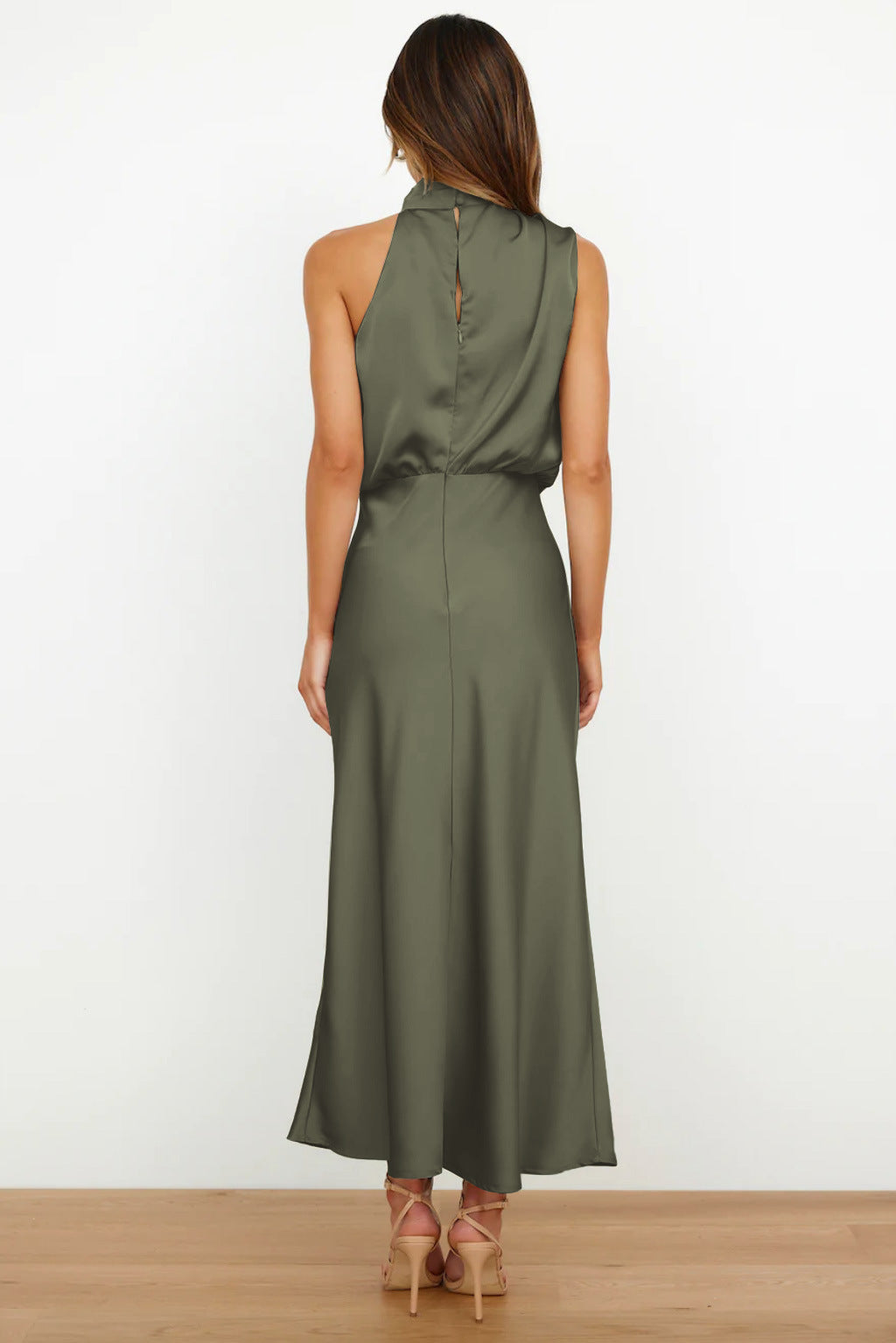Satin halter formal evening dress with draped high neck and midi slip skirt - view 10