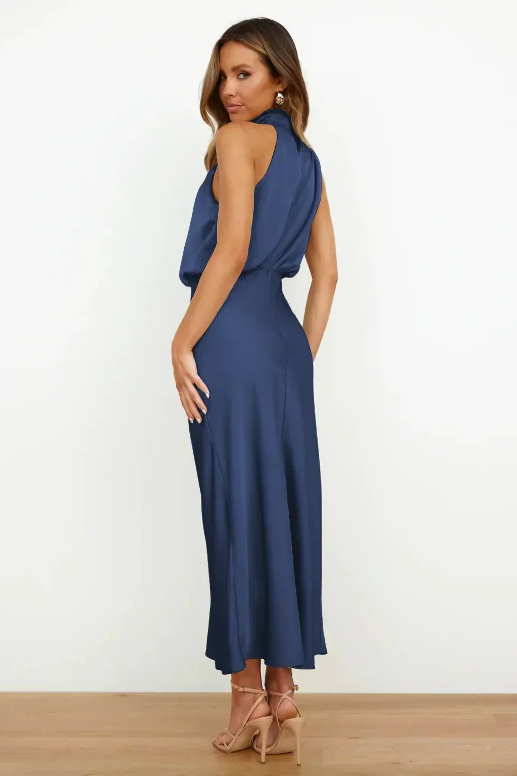 Satin halter formal evening dress with draped high neck and midi slip skirt - view 12