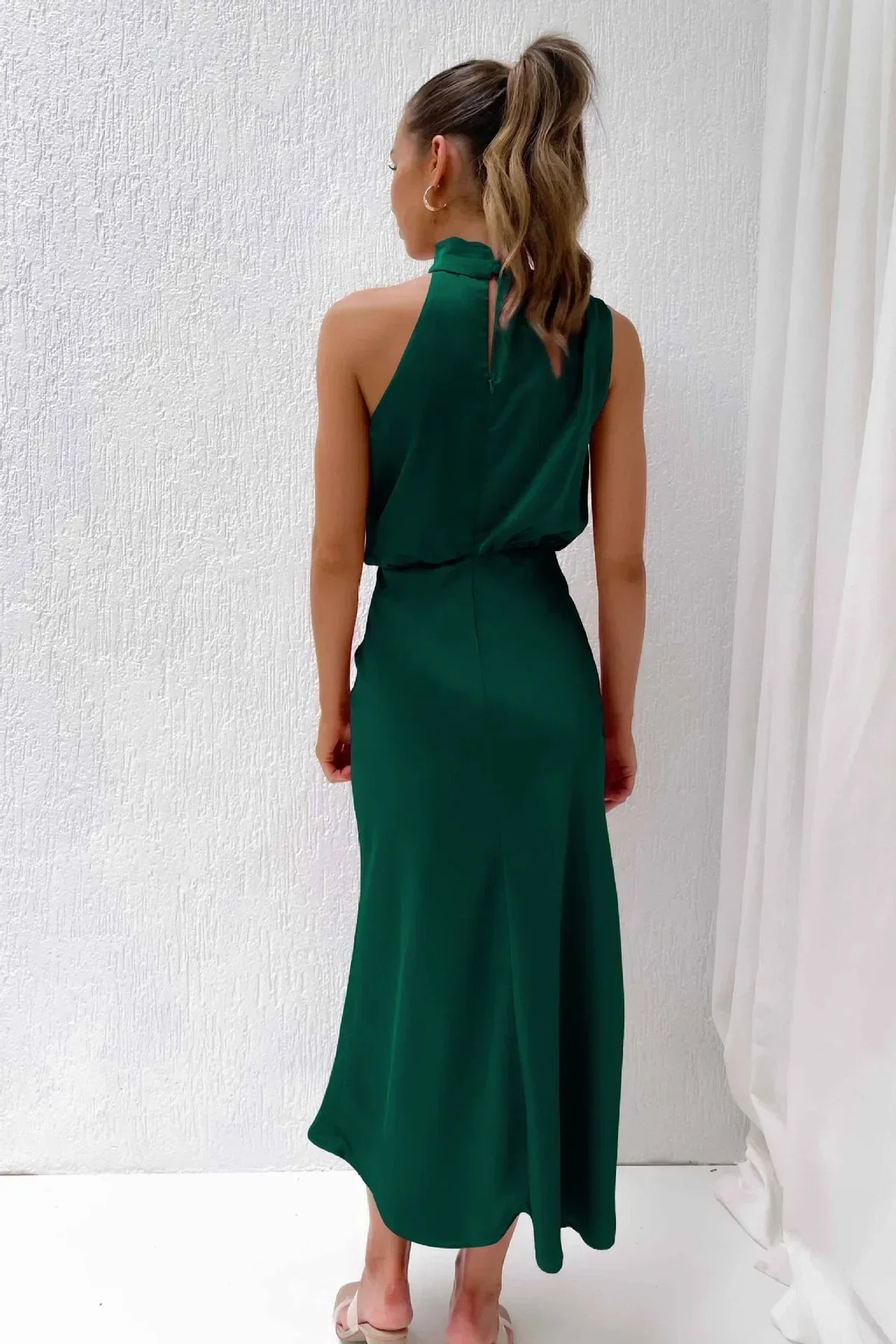 Satin halter formal evening dress with draped high neck and midi slip skirt - view 14