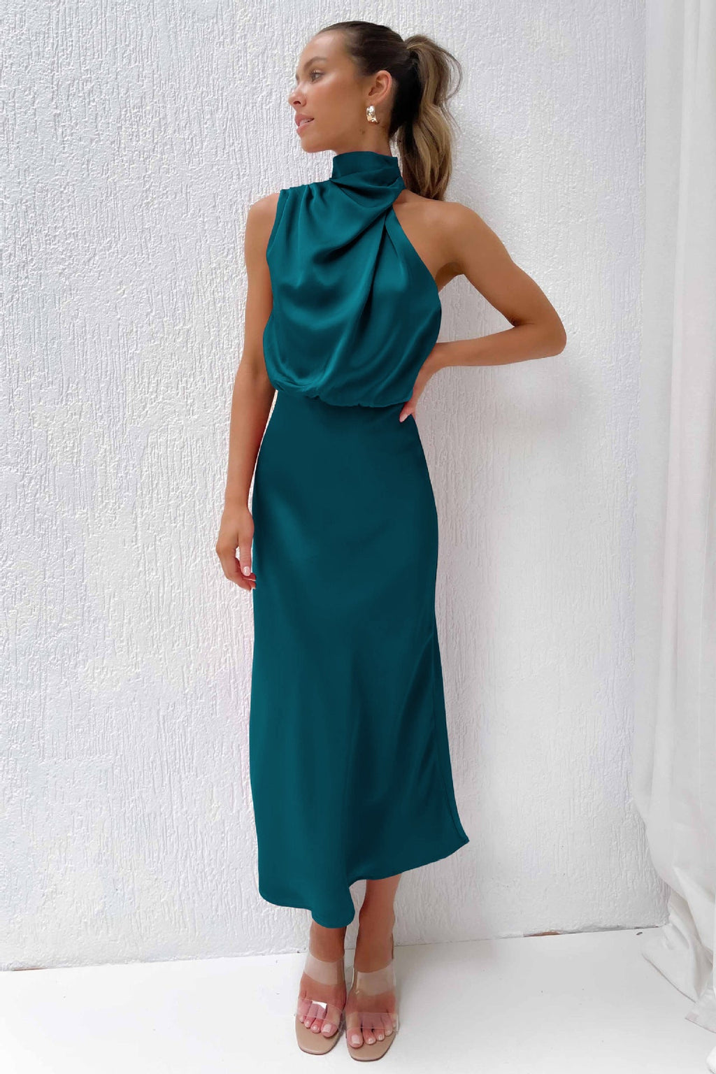 Satin halter formal evening dress with draped high neck and midi slip skirt - view 16