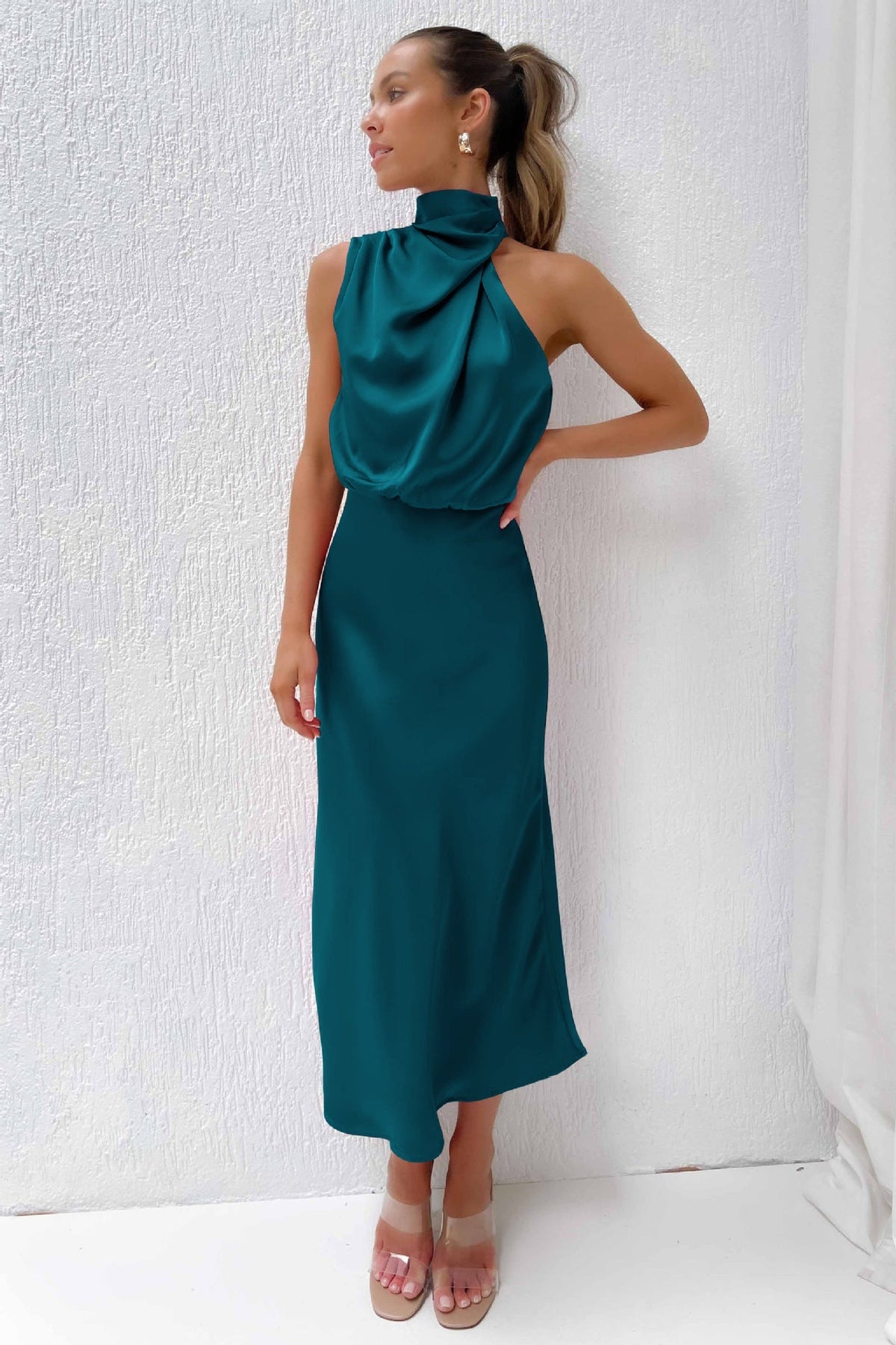 Satin halter formal evening dress with draped high neck and midi slip skirt - view 16