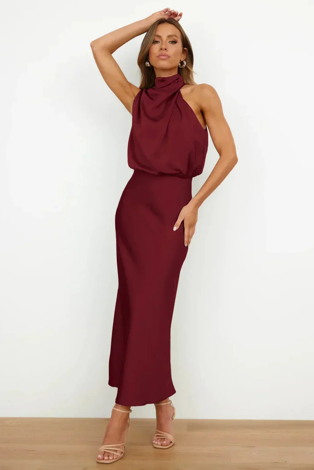 Satin halter formal evening dress with draped high neck and midi slip skirt - view 18