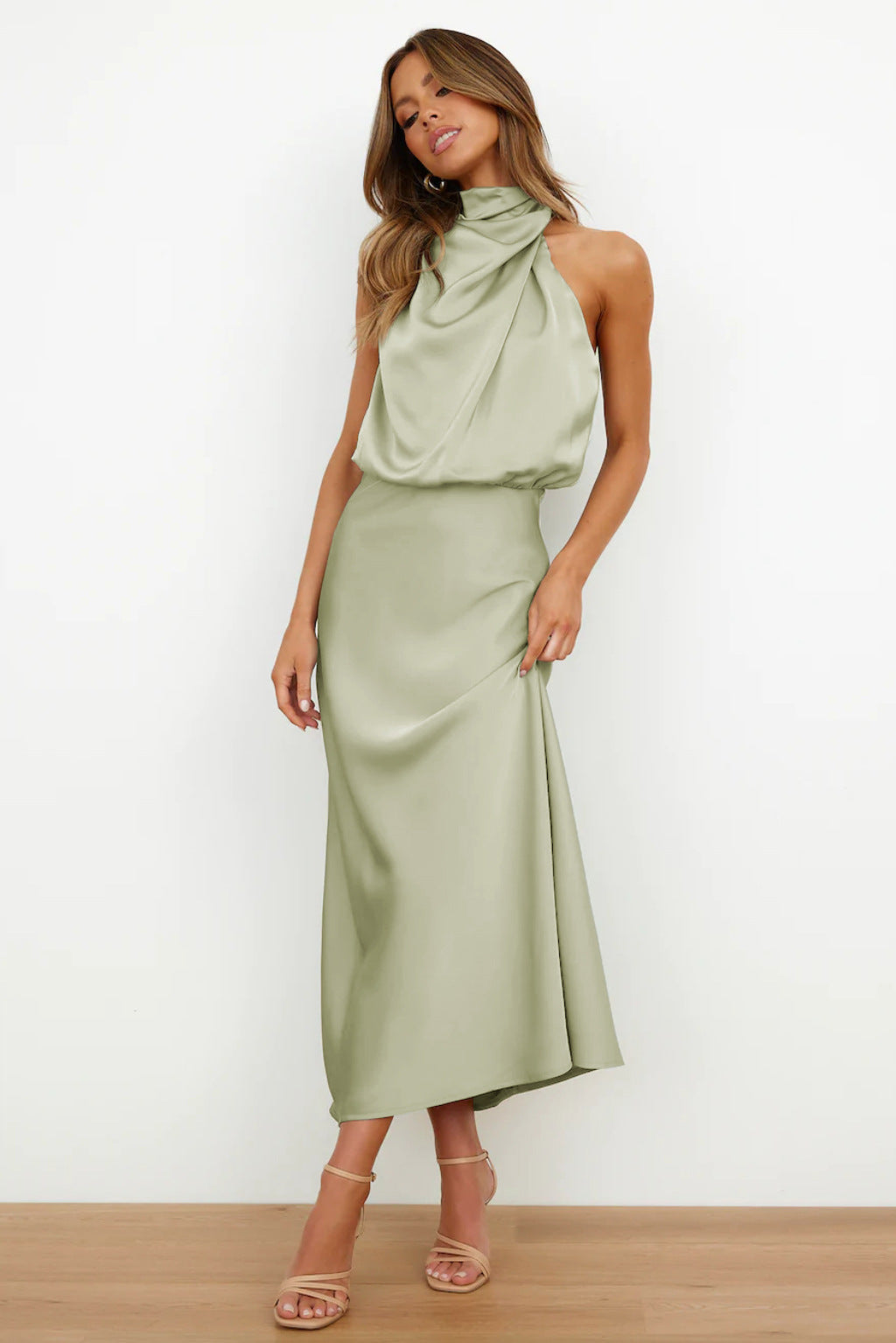 Satin halter formal evening dress with draped high neck and midi slip skirt - view 2