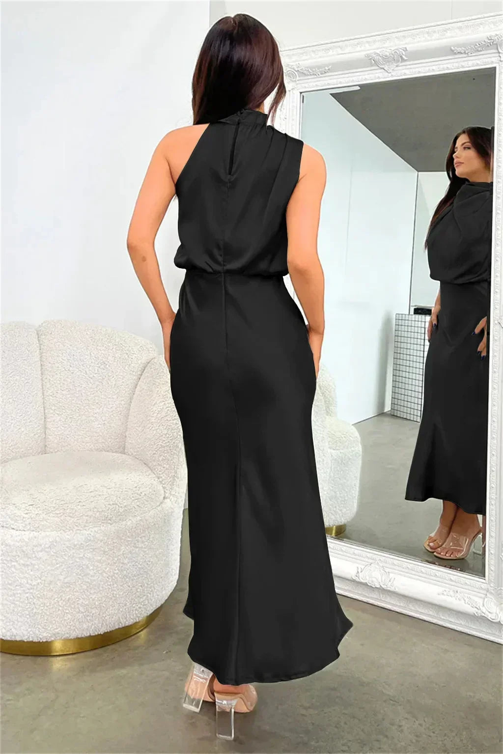 Satin halter formal evening dress with draped high neck and midi slip skirt - view 21