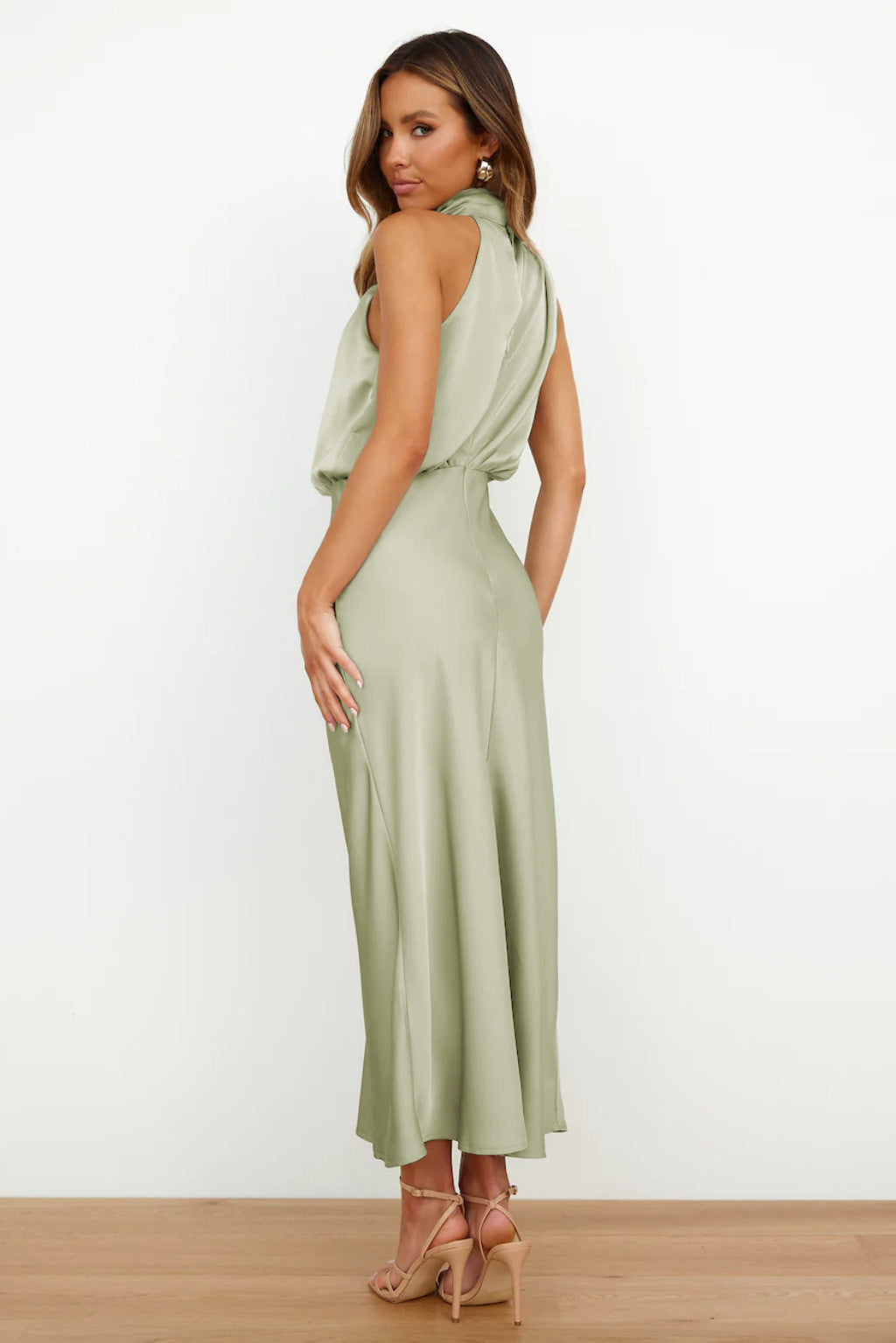 Satin halter formal evening dress with draped high neck and midi slip skirt - view 3