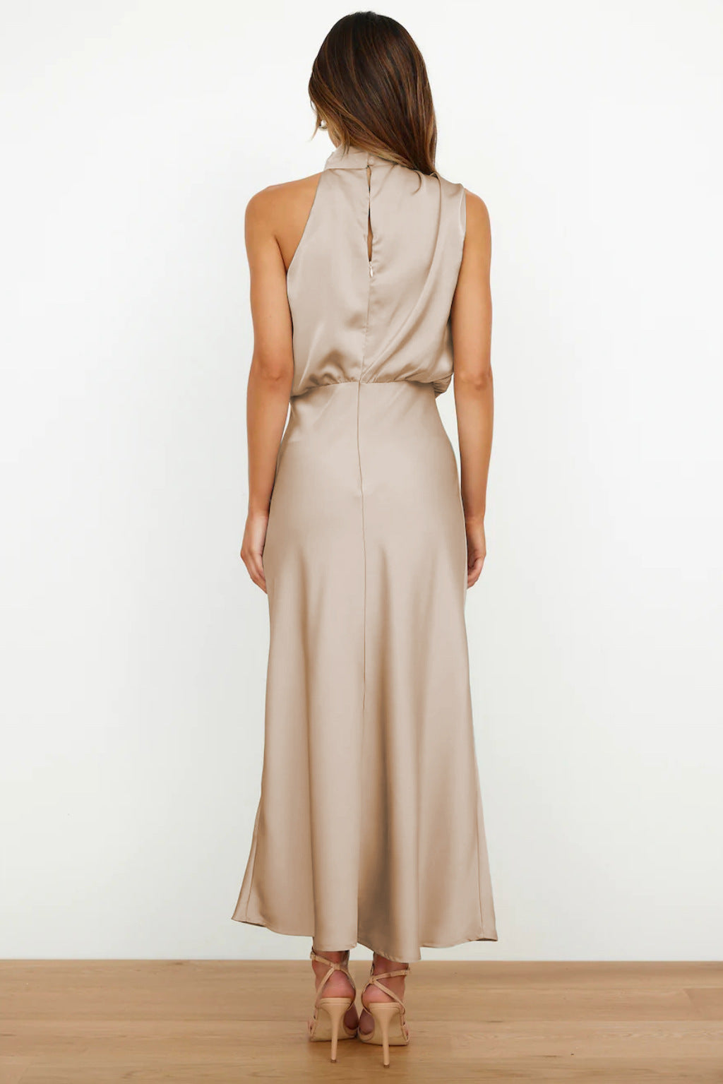 Satin halter formal evening dress with draped high neck and midi slip skirt - view 5