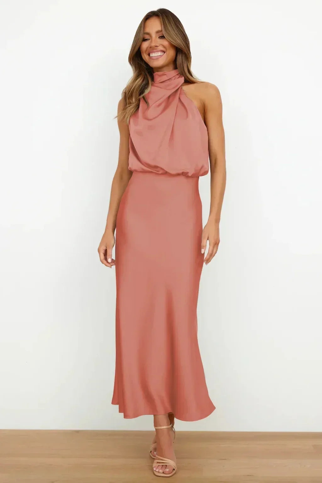 Satin halter formal evening dress with draped high neck and midi slip skirt - view 7