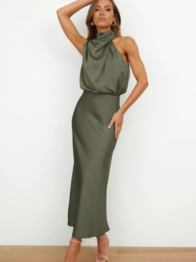 Satin halter formal evening dress with draped high neck and midi slip skirt - view 9