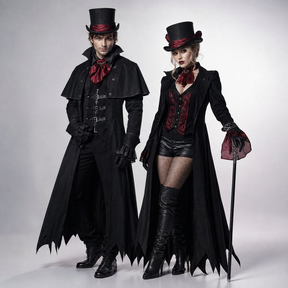 Black vampire Halloween costume with long bat-wing hem coat, buckled vest and red cravat