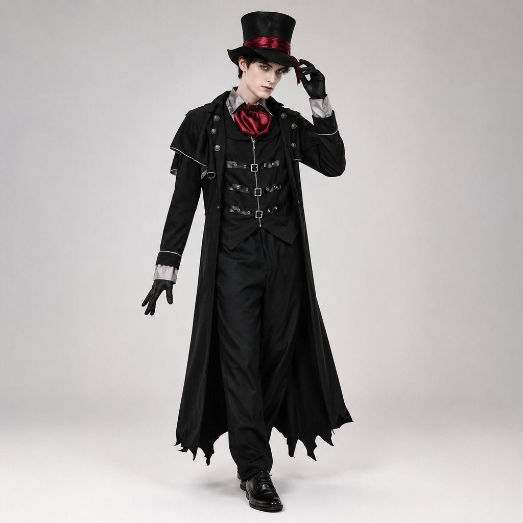 Black vampire Halloween costume with long bat-wing hem coat, buckled vest and red cravat - view 3