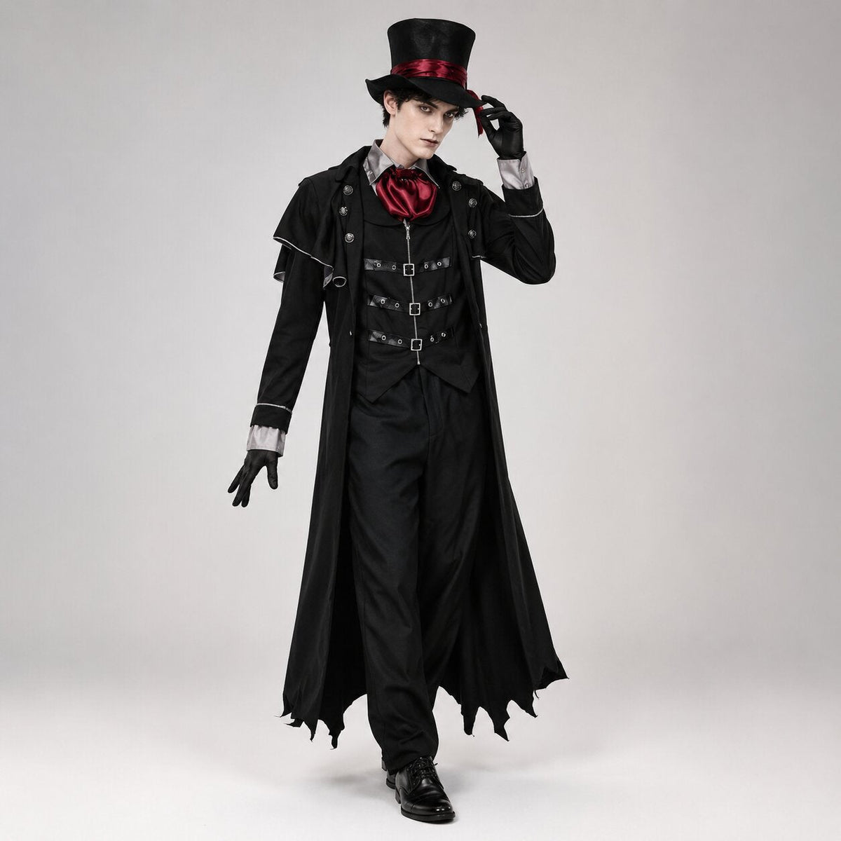 Black vampire Halloween costume with long bat-wing hem coat, buckled vest and red cravat - view 3