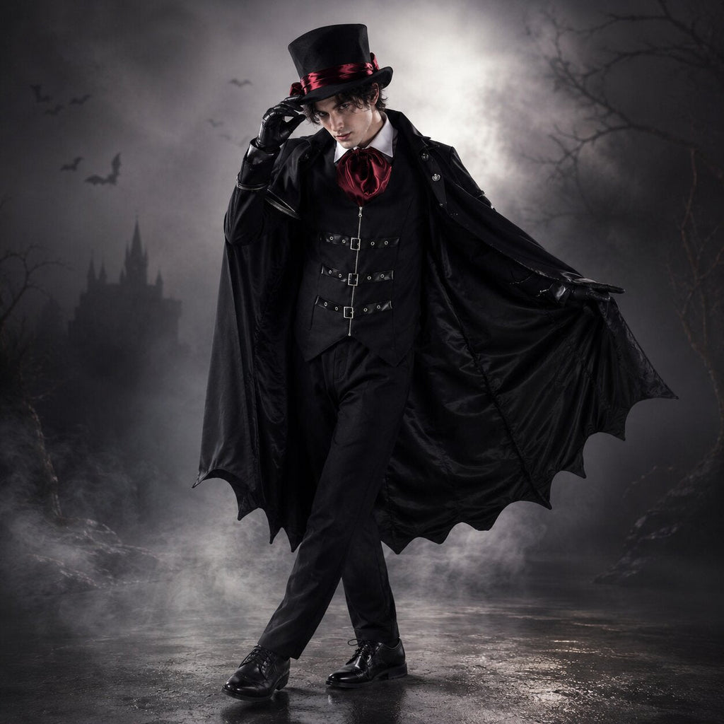 Black vampire Halloween costume with long bat-wing hem coat, buckled vest and red cravat - view 4