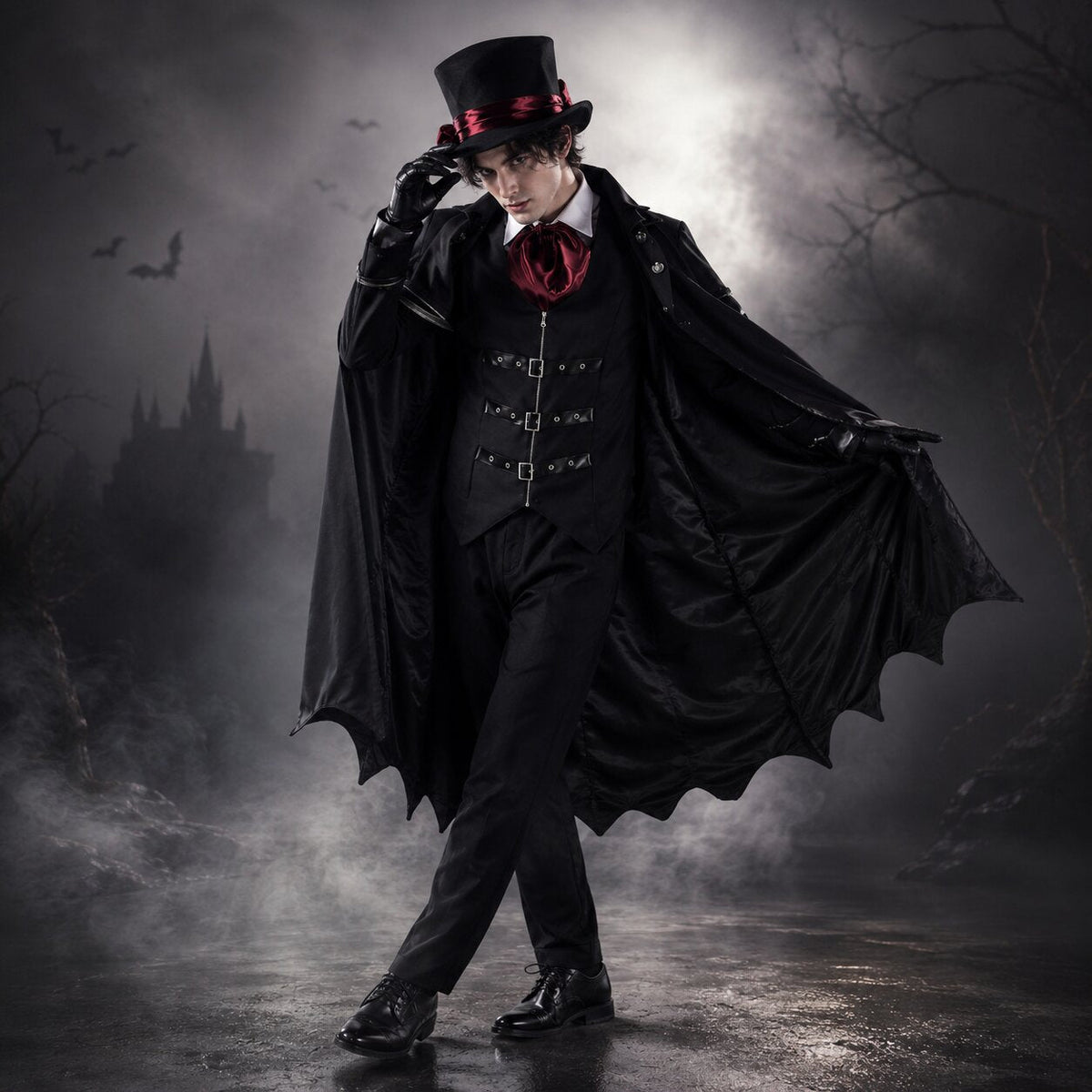 Black vampire Halloween costume with long bat-wing hem coat, buckled vest and red cravat - view 4