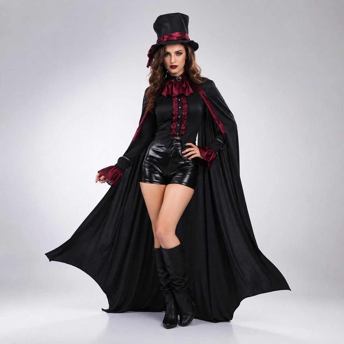 Black vampire Halloween costume with long bat-wing hem coat, buckled vest and red cravat - view 5