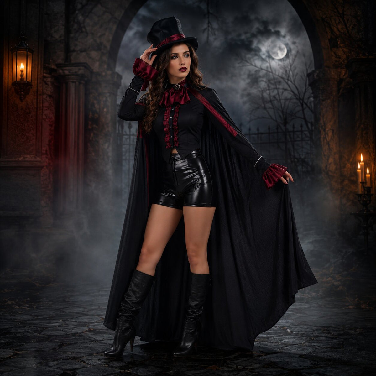 Black vampire Halloween costume with long bat-wing hem coat, buckled vest and red cravat - view 6