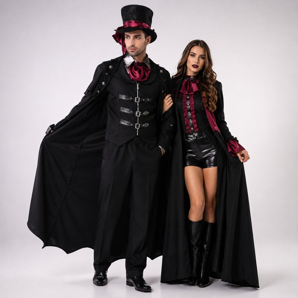 Black vampire Halloween costume with long bat-wing hem coat, buckled vest and red cravat - view 7