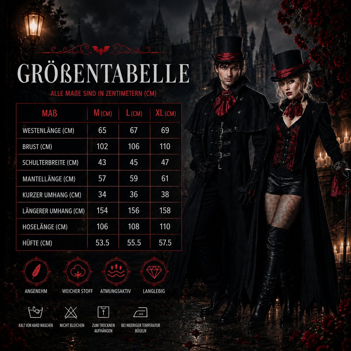 Black vampire Halloween costume with long bat-wing hem coat, buckled vest and red cravat - view 8