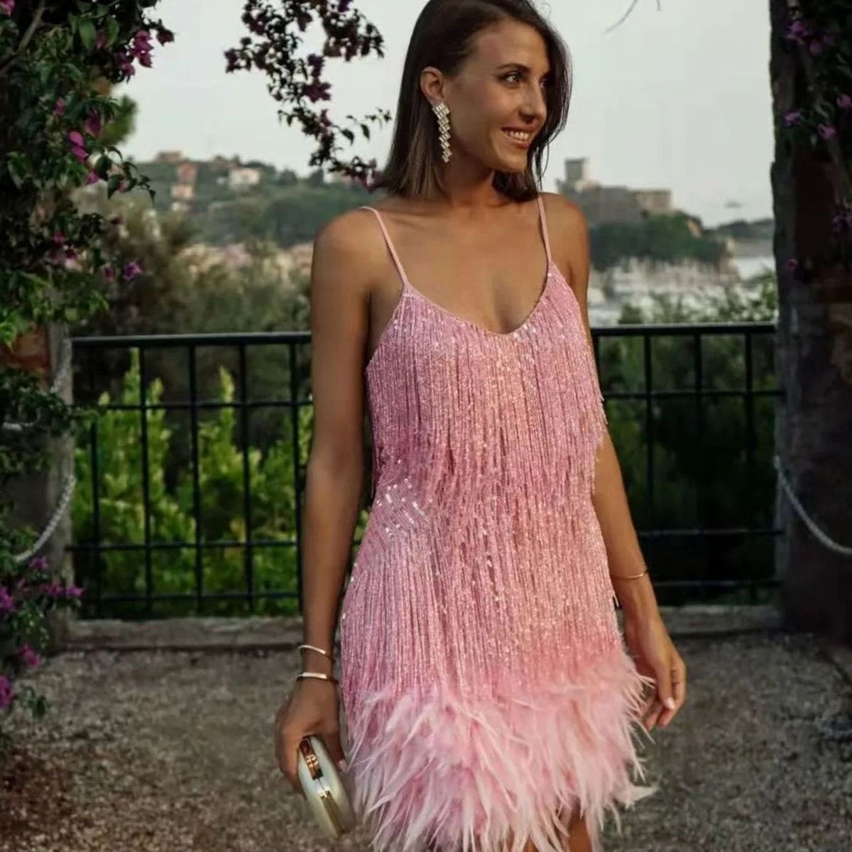 Sequin fringe mini dress with feather trim hem and spaghetti straps - view 5