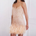 Sequin fringe mini dress with feather trim hem and spaghetti straps - view 7