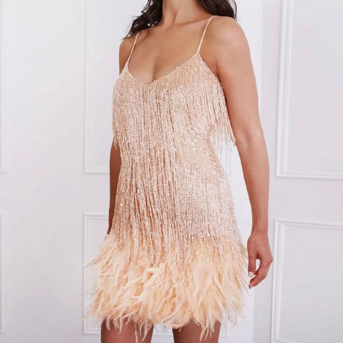 Sequin fringe mini dress with feather trim hem and spaghetti straps - view 7